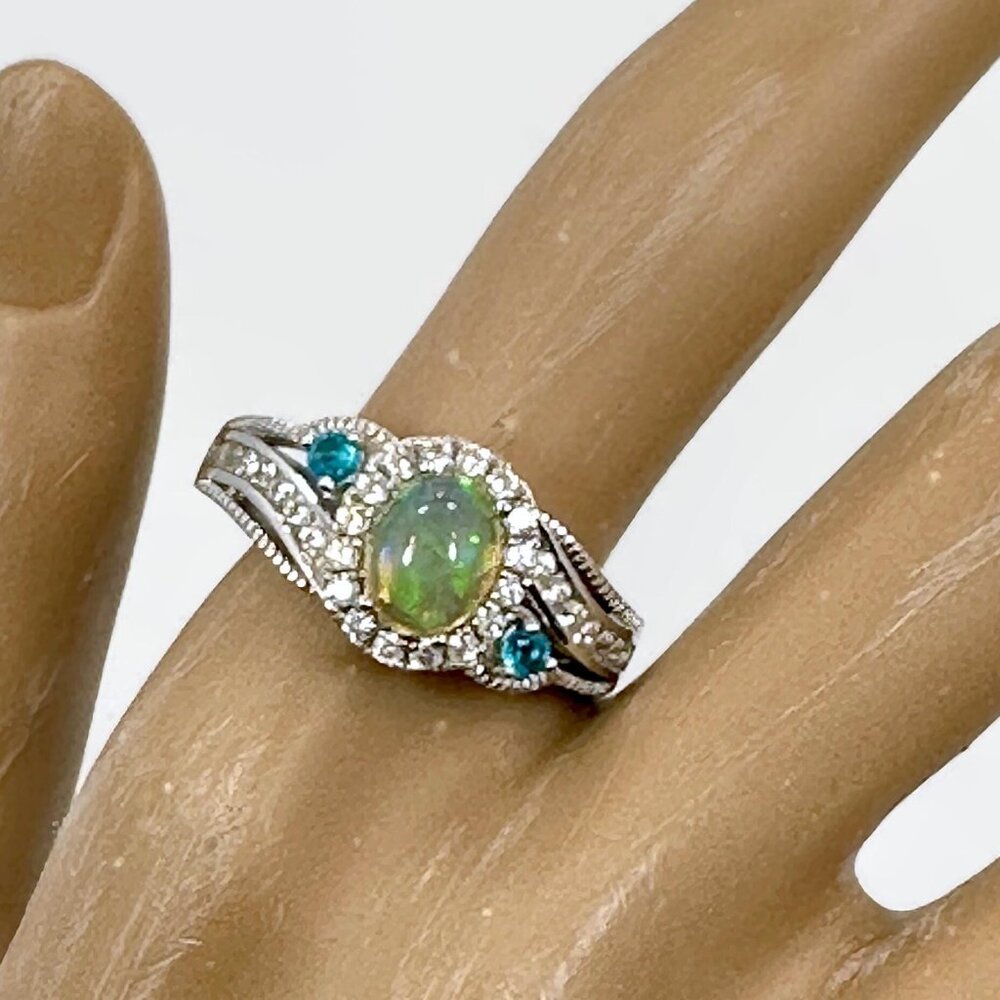 Jelly Opal Ring, Sterling Silver, Vintage, Size 10, CZs, Faux Blue Topaz